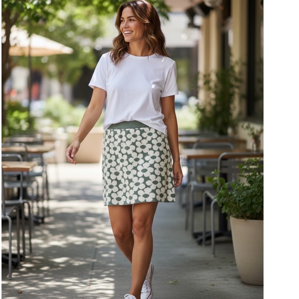 Altar'd State Sage Green Floral Daisy Sweater Knit Mini Skirt Retro 70s Preppy S